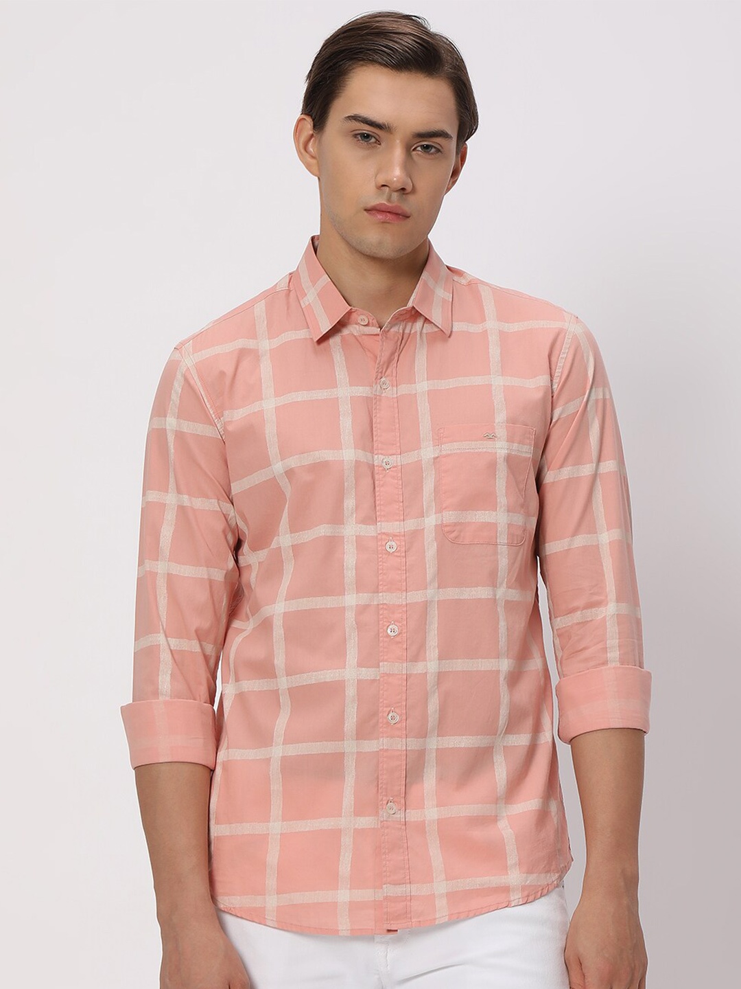 

Mufti Slim Fit Windowpane Checks Checked Pure Cotton Casual Shirt, Pink