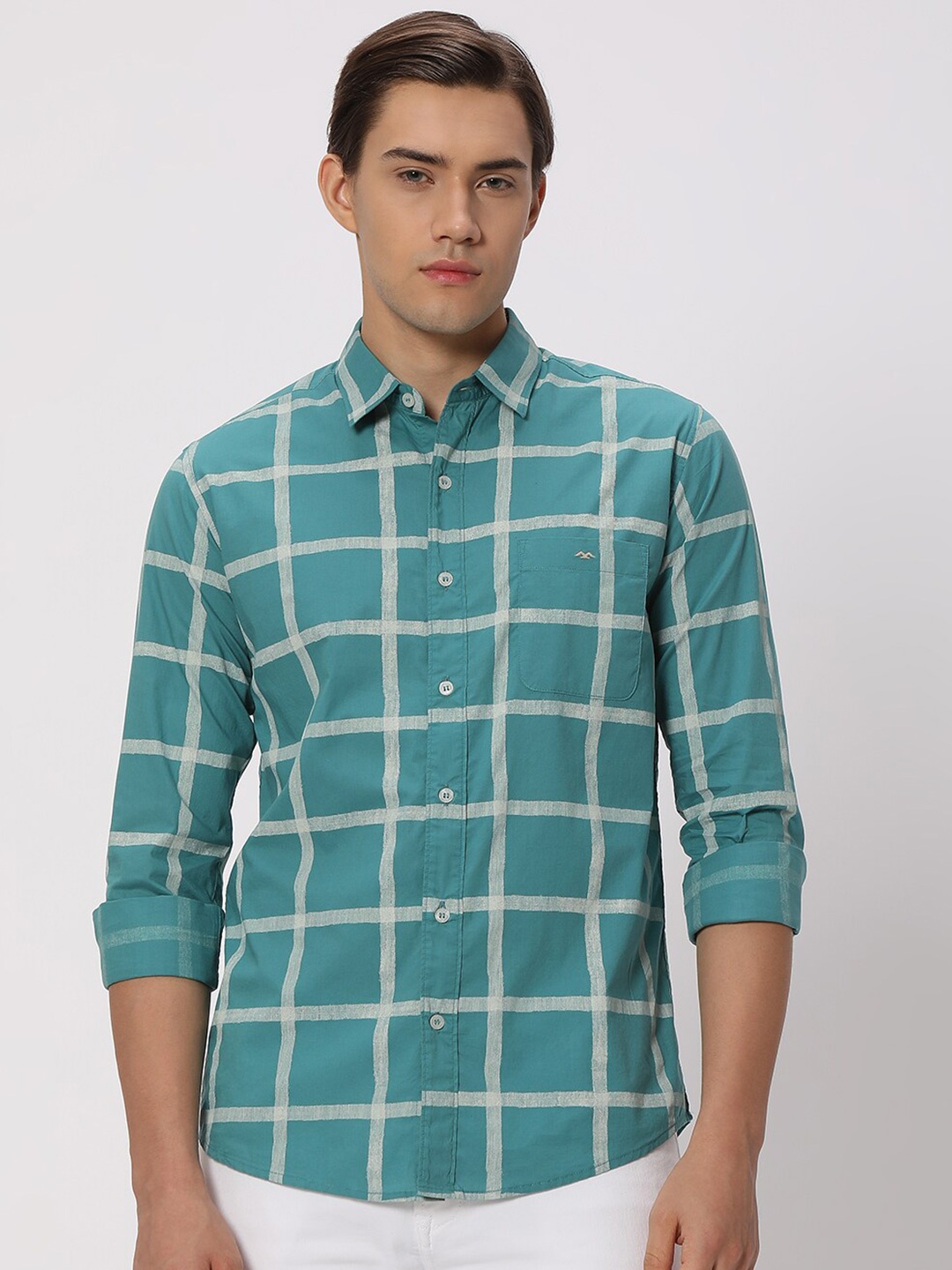 

Mufti Slim Fit Windowpane Checks Checked Pure Cotton Casual Shirt, Turquoise blue