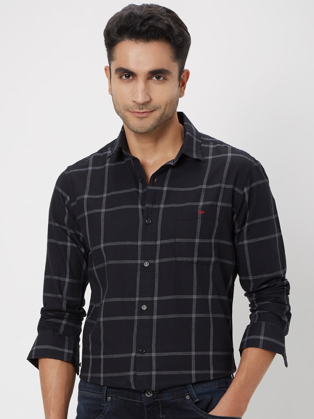 

Mufti Slim Fit Windowpane Checks Checked Pure Cotton Casual Shirt, Black