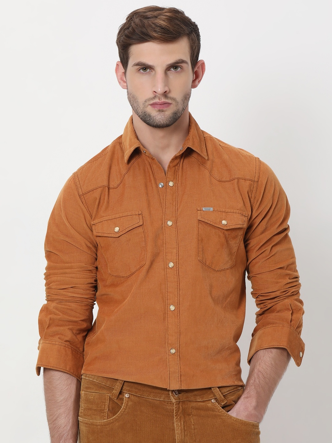

Mufti Slim Fit Spread Collar Long Sleeves Pocket Cotton Casual Shirt, Mustard