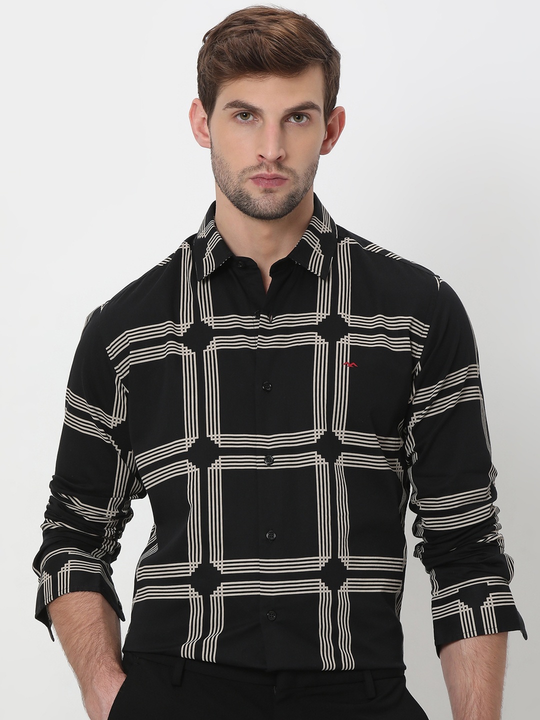 

Mufti Slim Fit Opaque Geometric Printed Cotton Casual Shirt, Black