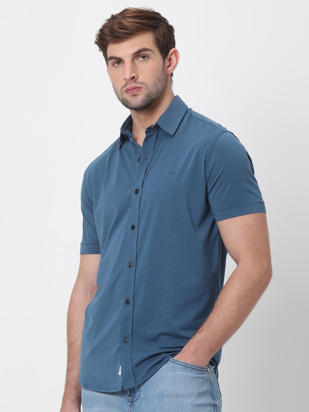 

Mufti Spread Collar Slim Fit Cotton Casual Shirt, Blue