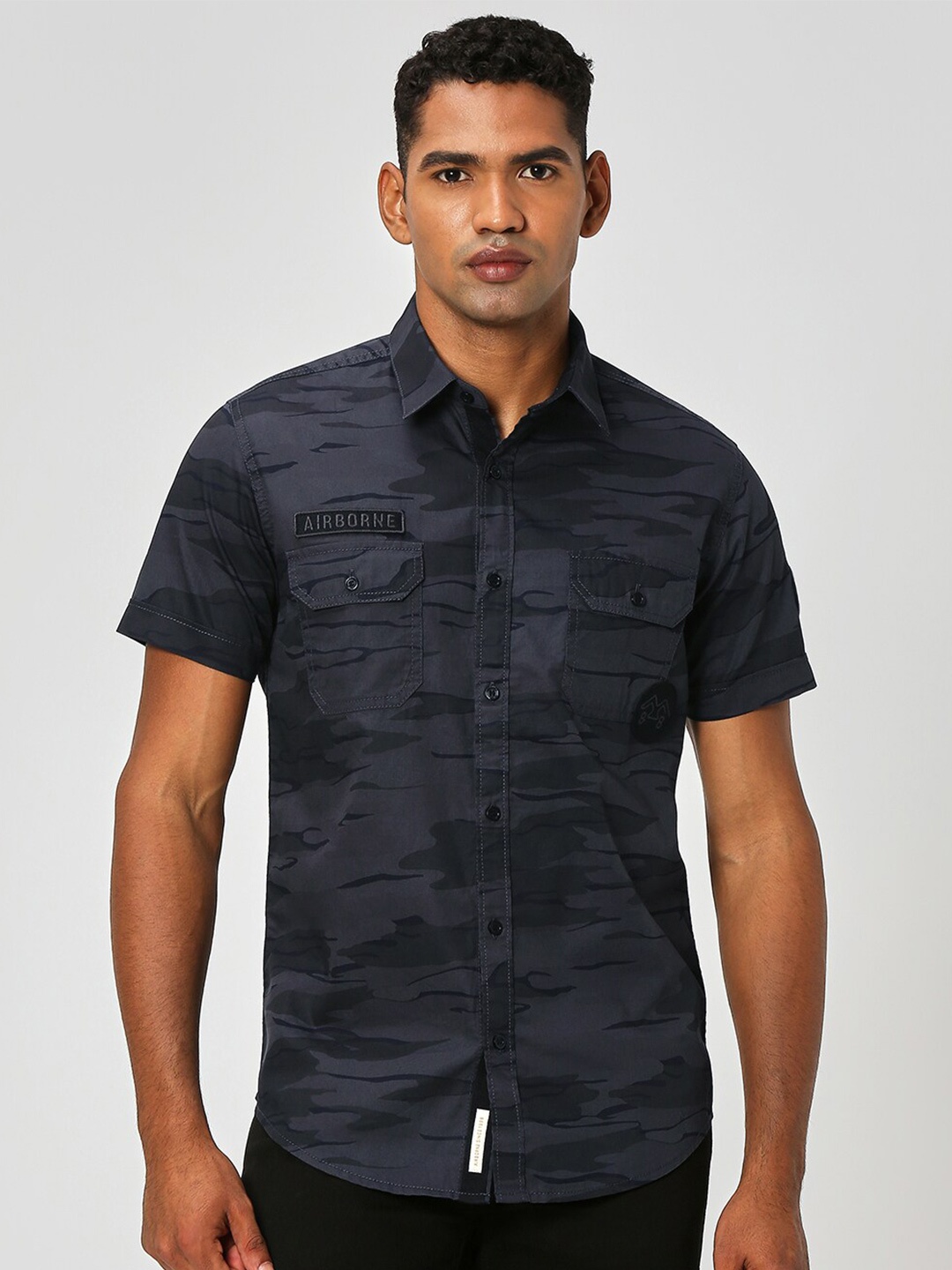 

Mufti Slim Fit Camouflage Printed Pure Cotton Casual Shirt, Black