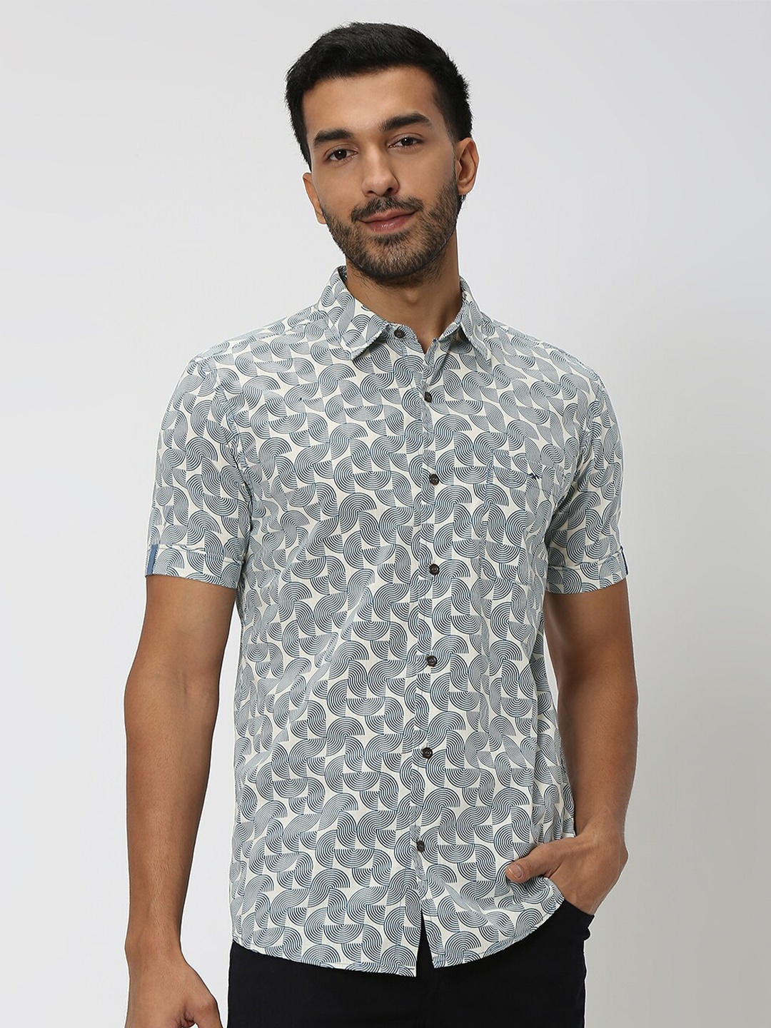 

Mufti Floral Printed Slim Fit Pure Cotton Casual Shirt, Blue