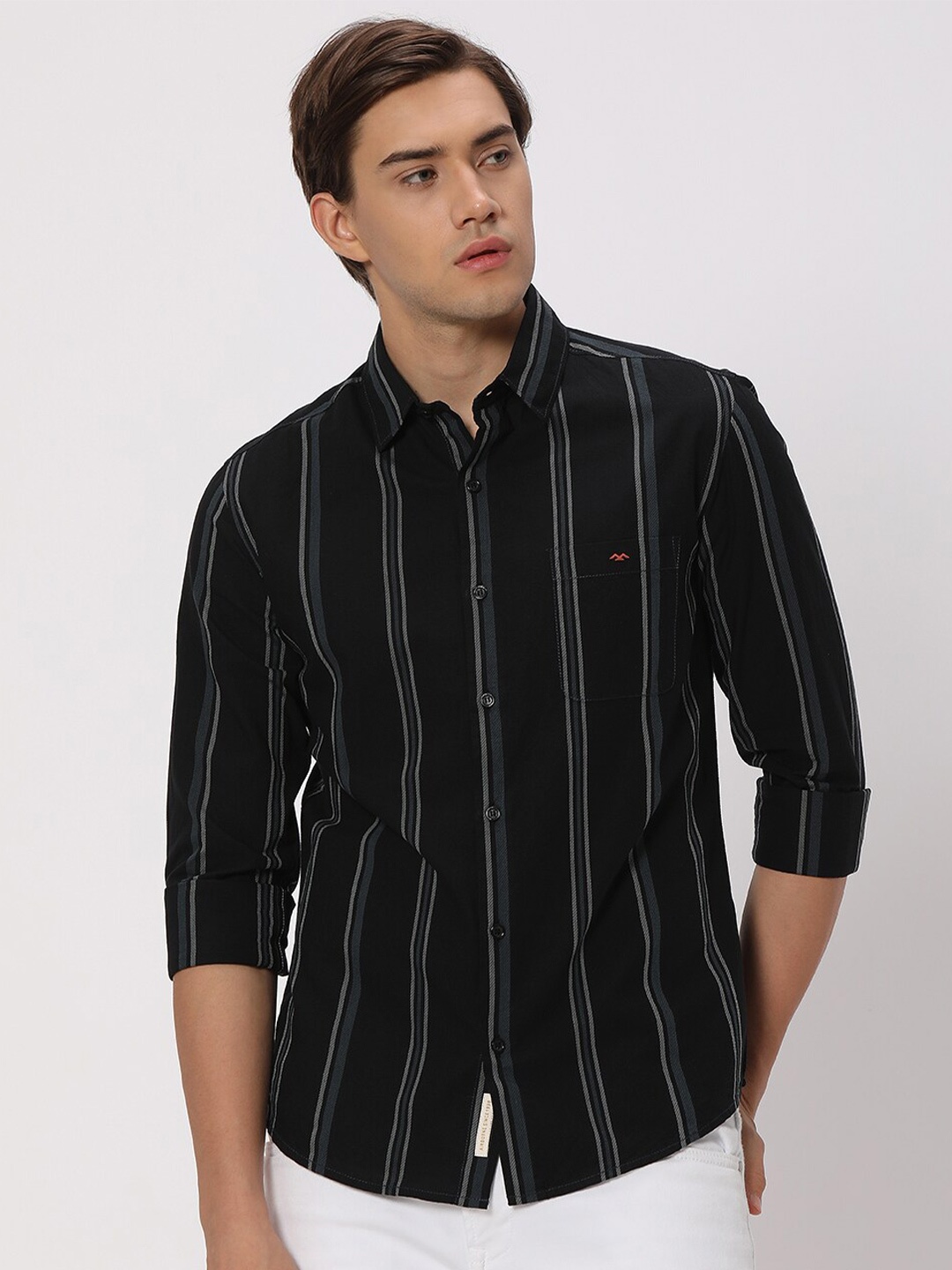 

Mufti Slim Fit Striped Pure Cotton Casual Shirt, Black