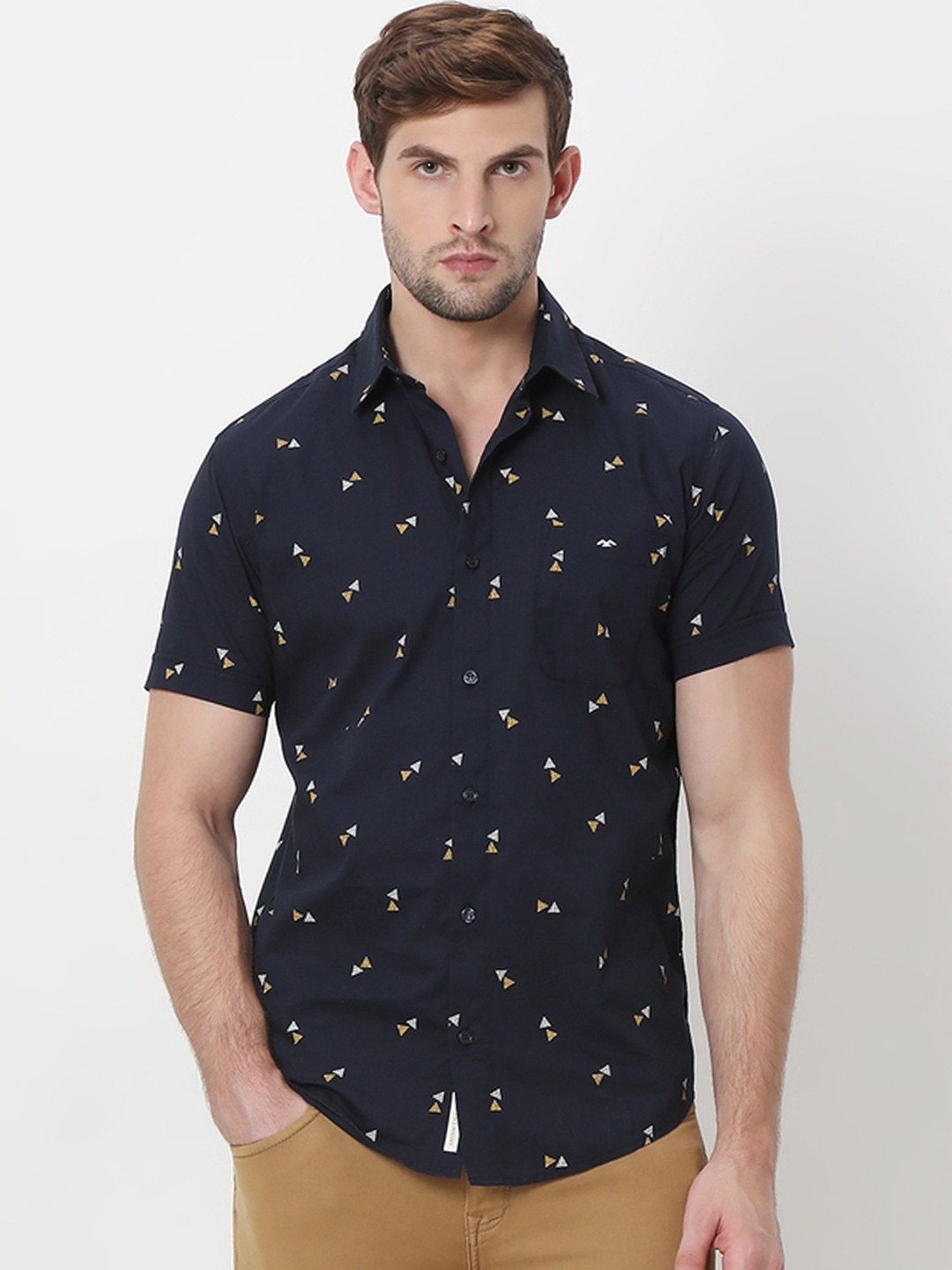 

Mufti Slim Fit Abstract Printed Pure Cotton Casual Shirt, Navy blue