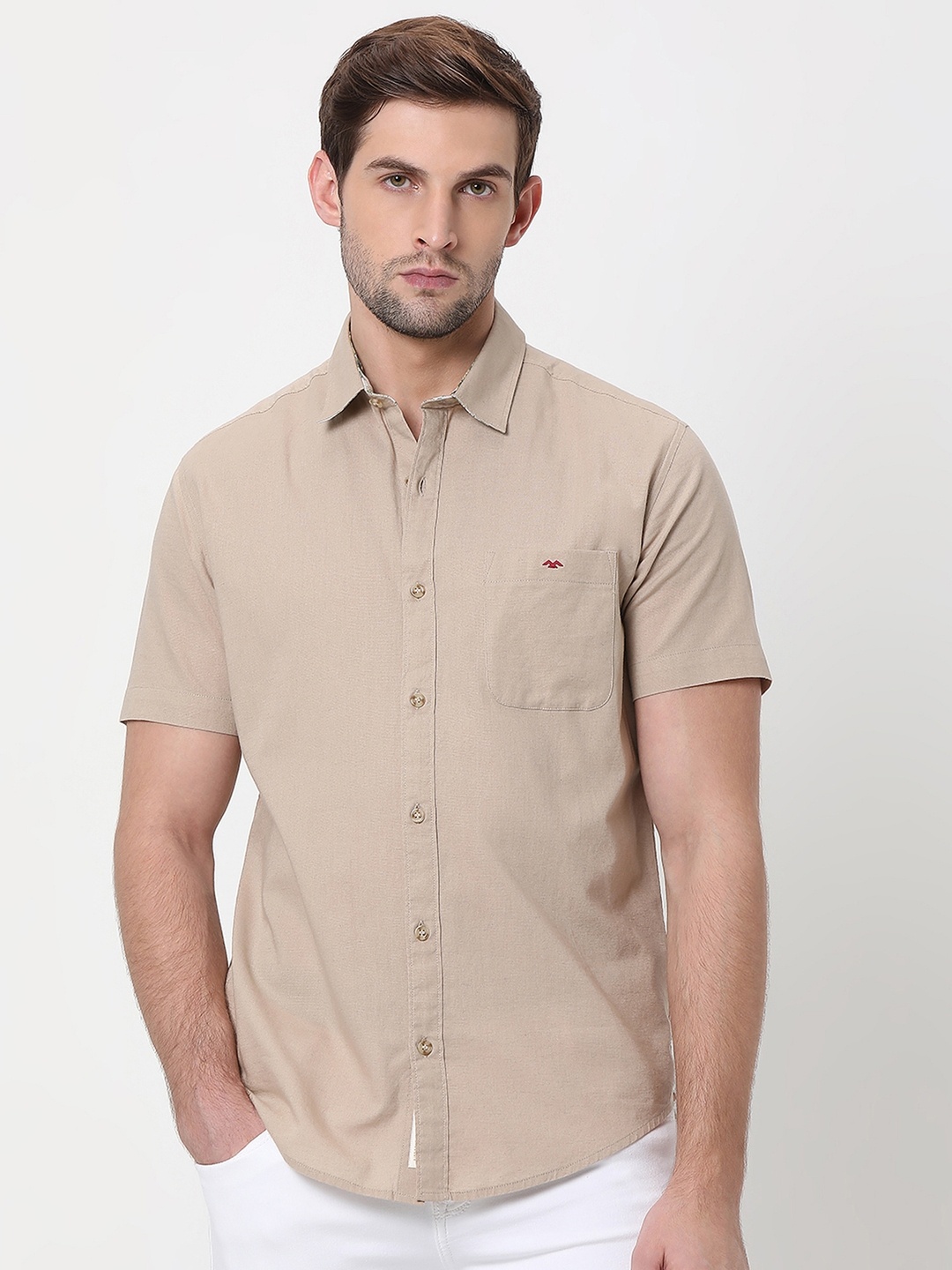 

Mufti Slim Fit Spread Collar Pure Cotton Casual Shirt, Beige