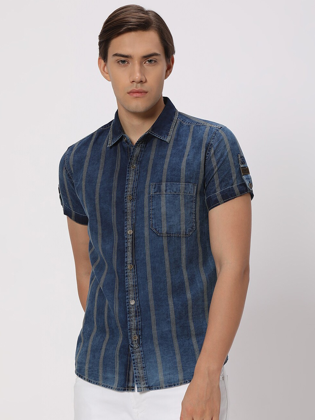 

Mufti Slim Fit Striped Roll-Up Sleeves Pure Cotton Casual Shirt, Navy blue