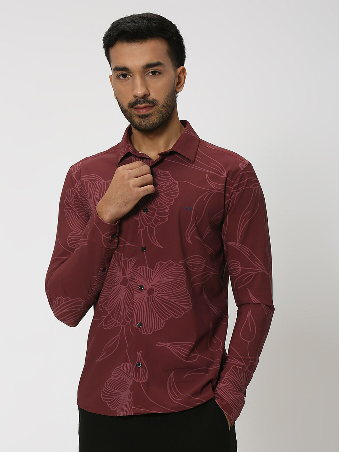 

Mufti Slim Fit Floral Printed Spread Collar Casual Shirt, Maroon