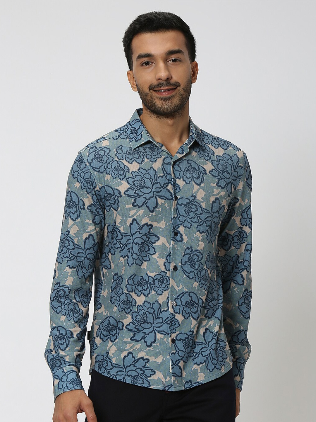 

Mufti Slim Fit Floral Printed Spread Collar Casual Shirt, Beige