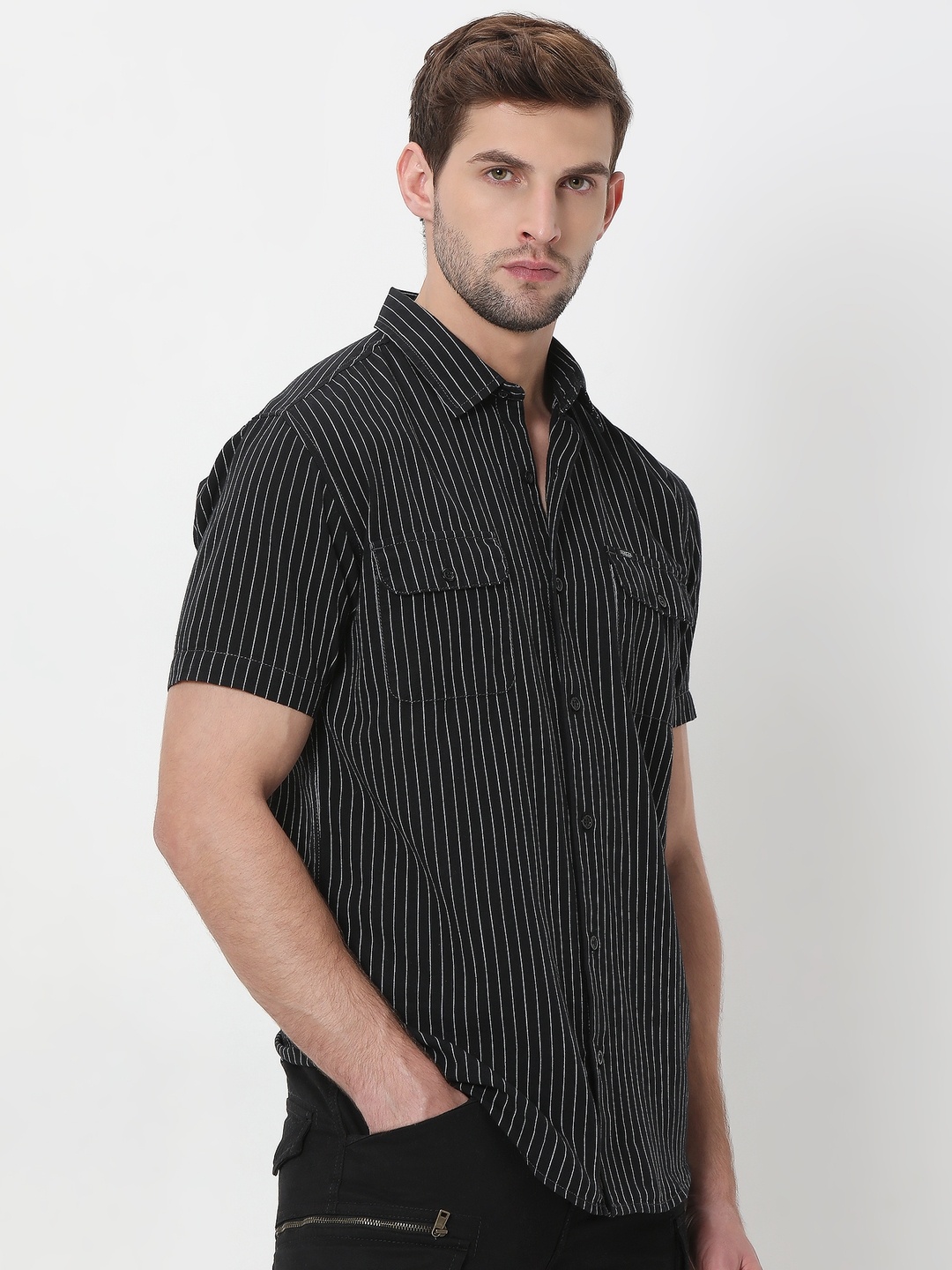 

Mufti Slim Fit Vertical Striped Pure Cotton Casual Shirt, Black