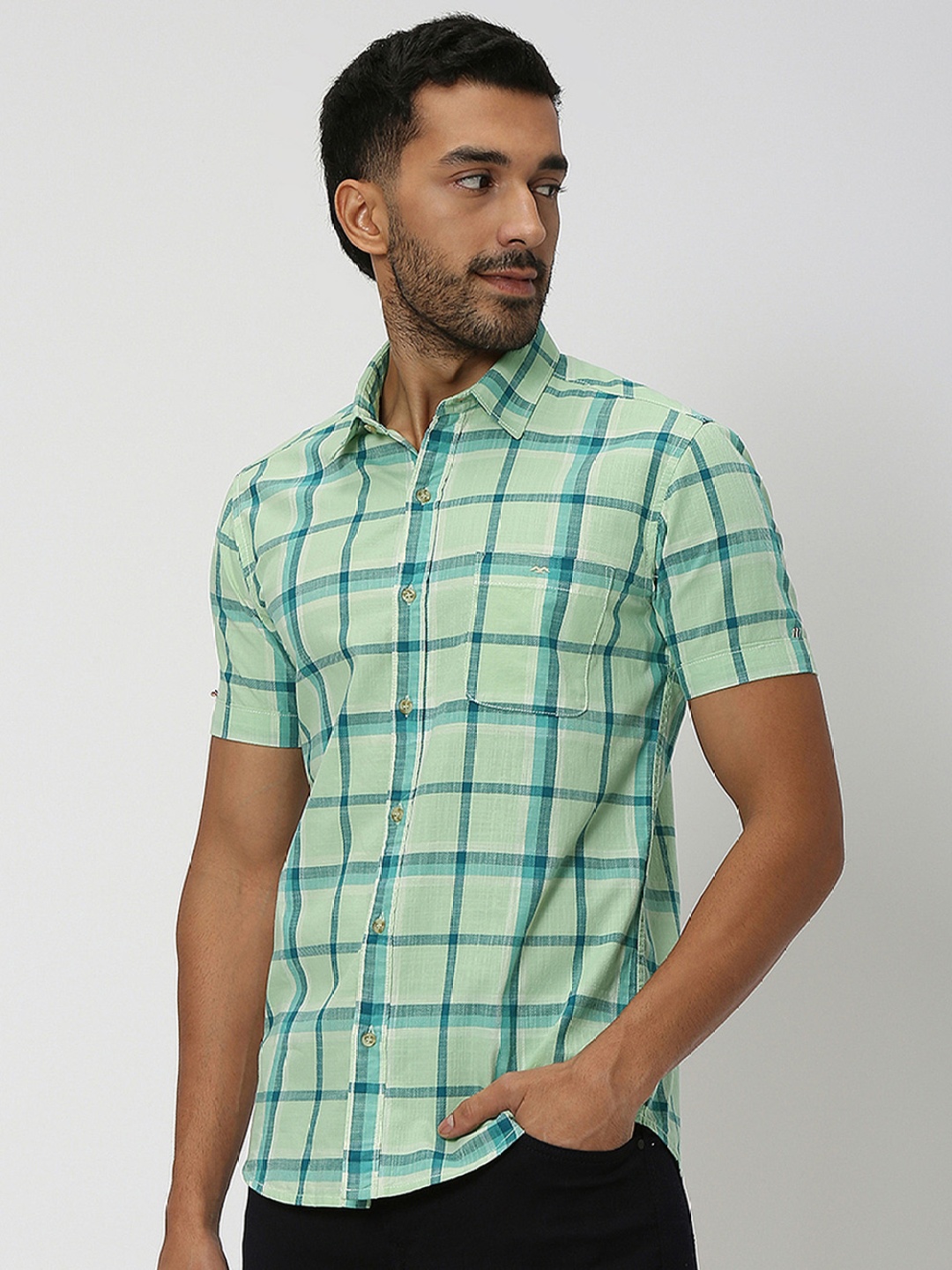 

Mufti Slim Fit Tartan Checked Pure Cotton Casual Shirt, Green