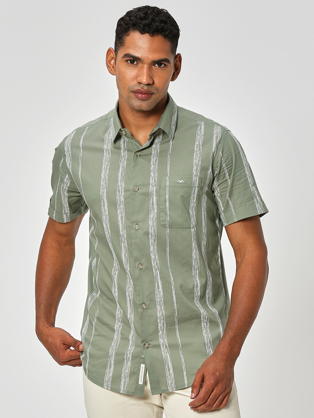 

Mufti Slim Fit Striped Pure Cotton Casual Shirt, Olive