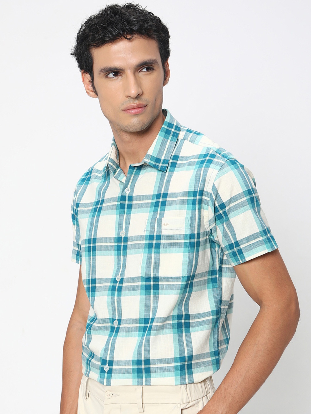 

Mufti Slim Fit Tartan Checked Pure Cotton Casual Shirt, Turquoise blue