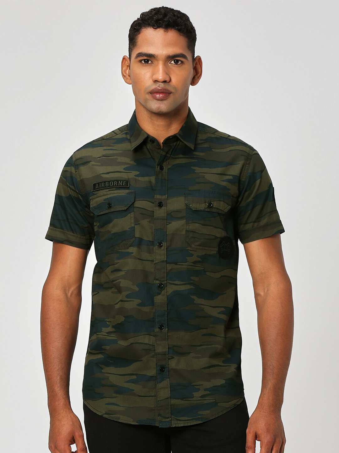 

Mufti Slim Fit Camouflage Printed Pure Cotton Casual Shirt, Olive