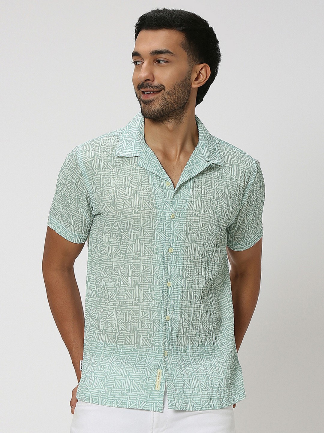 

Mufti Men Green Slim Fit Abstract Printed Notch Lapel Collar Casual Shirt