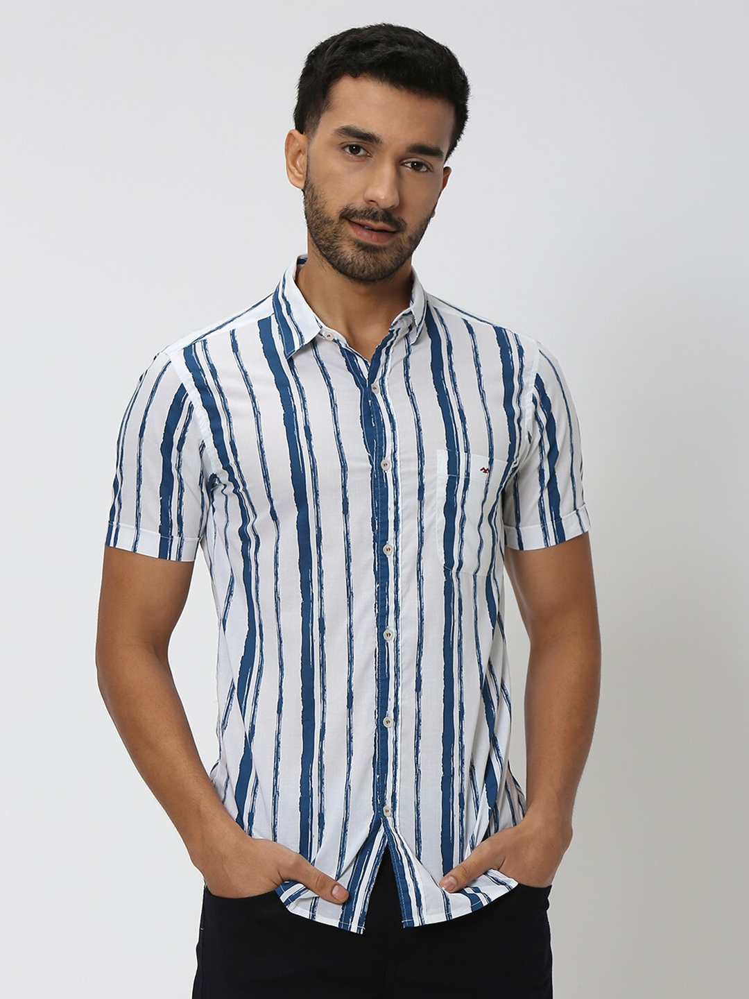 

Mufti Striped Slim Fit Opaque Cotton Casual Shirt, Navy blue