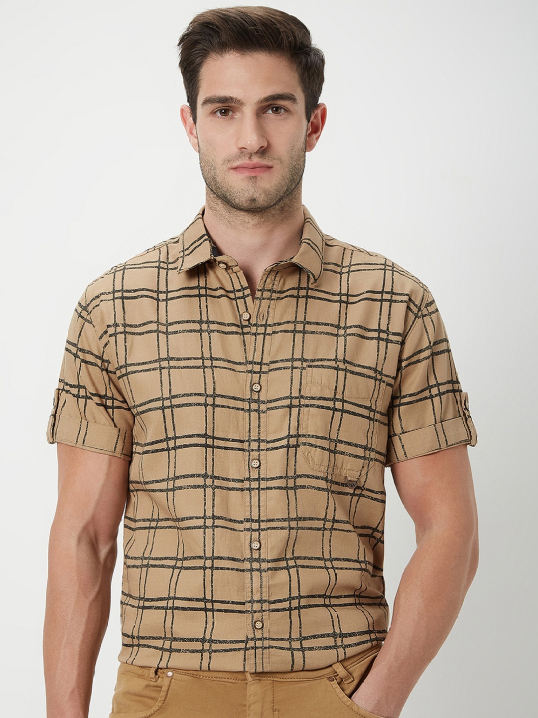 

Mufti Tartan Checked Slim Fit Opaque Cotton Casual Shirt, Khaki