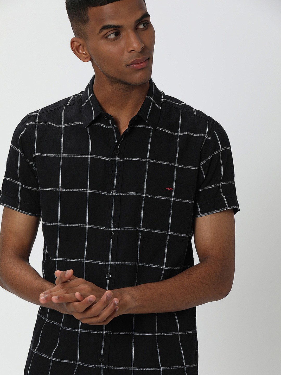 

Mufti Windowpane Checked Slim Fit Opaque Cotton Casual Shirt, Black