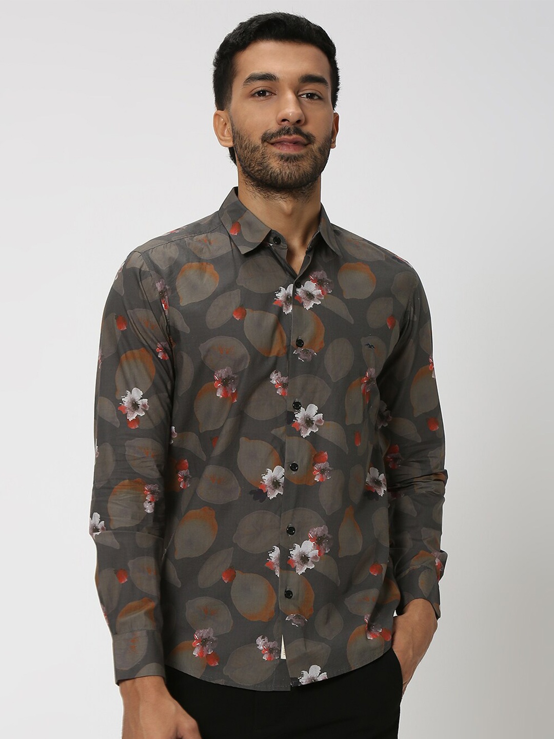 

Mufti Floral Printed Slim Fit Opaque Cotton Casual Shirt, Olive