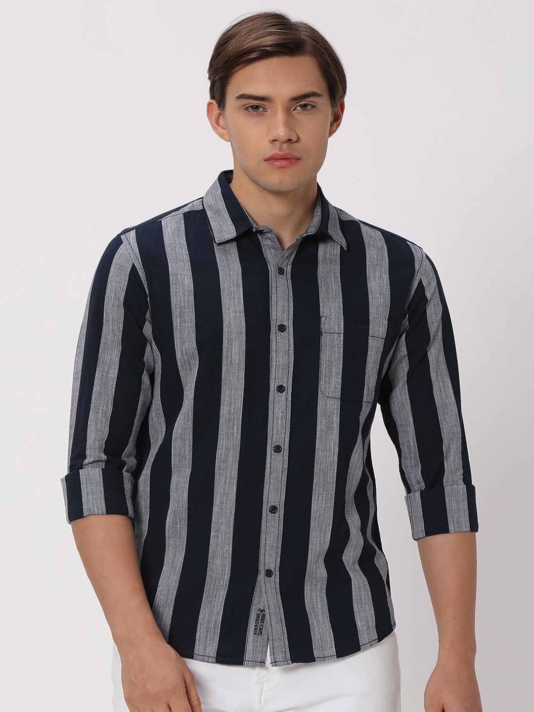 

Mufti Striped Slim Fit Opaque Cotton Casual Shirt, Navy blue