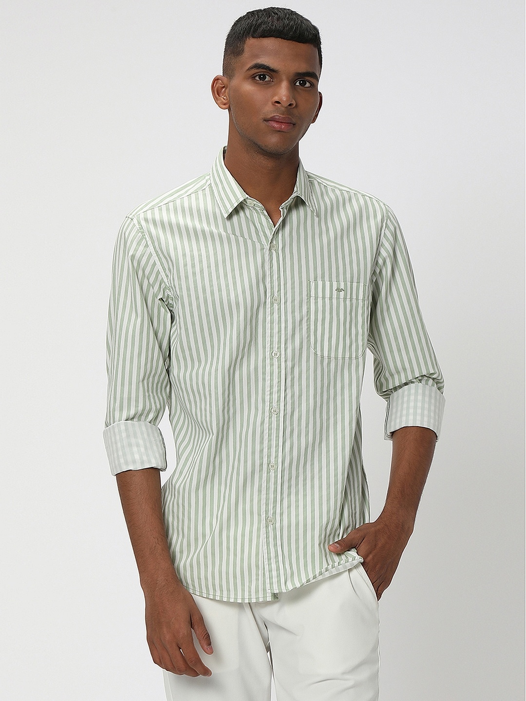 

Mufti Striped Slim Fit Opaque Cotton Casual Shirt, Olive