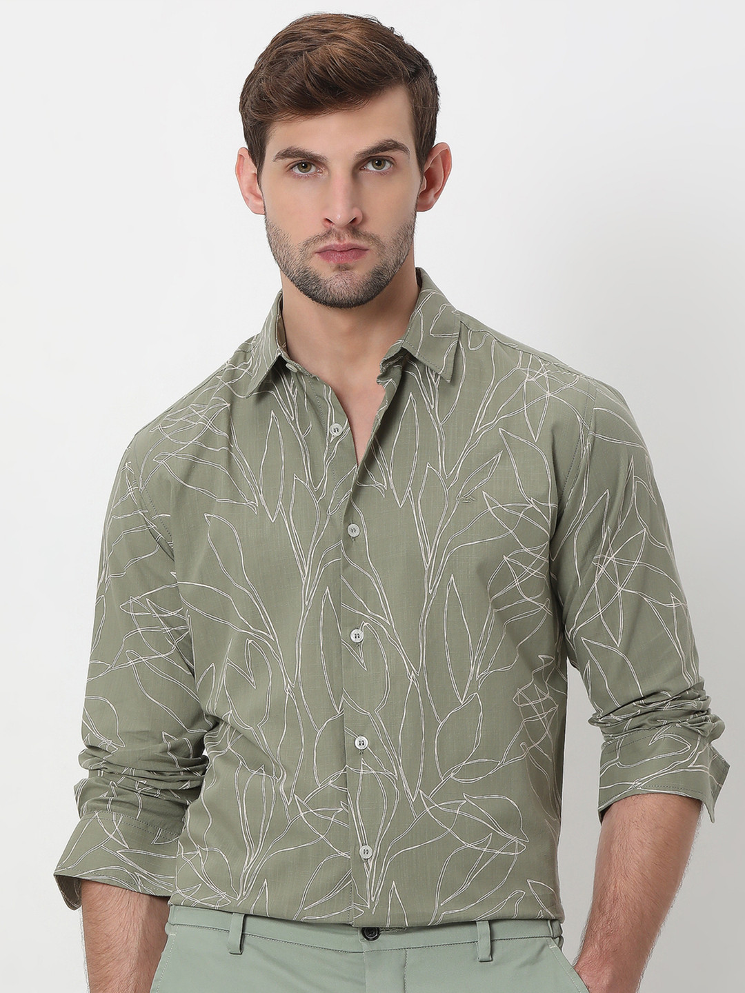 

Mufti Floral Printed Opaque Pure Cotton Casual Shirt, Olive