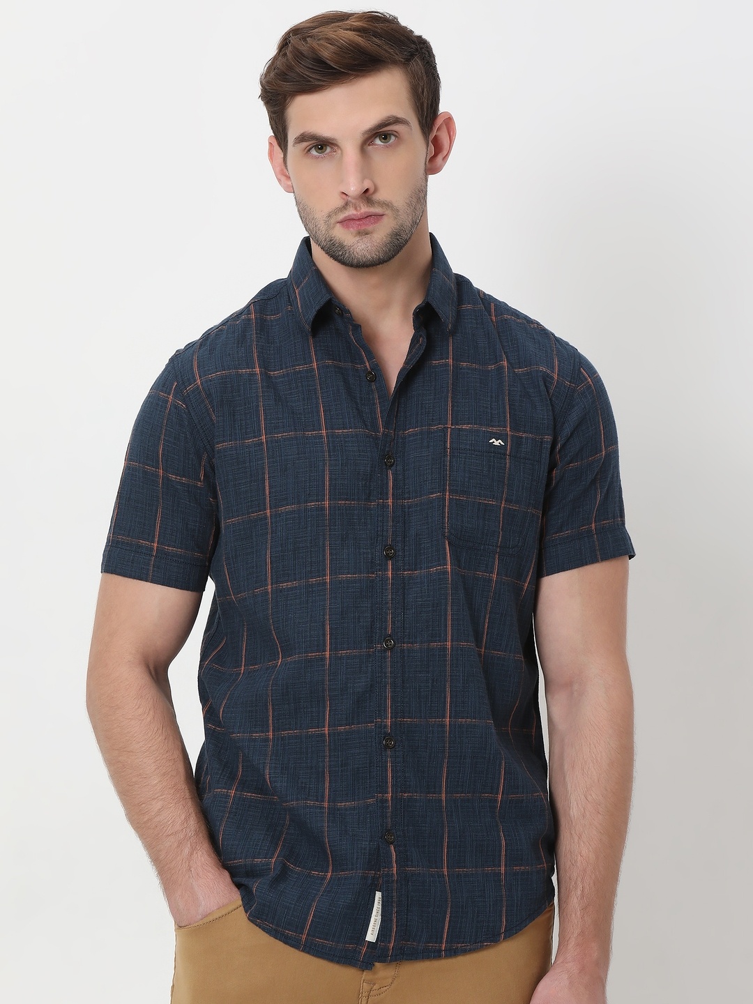 

Mufti Windowpane Checks Checked Slim Fit Pure Cotton Casual Shirt, Navy blue