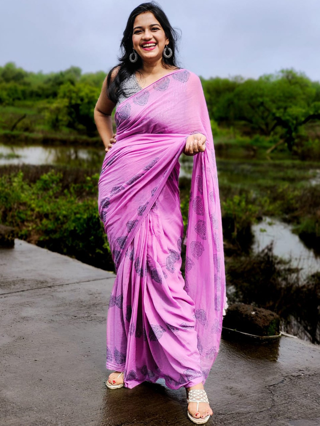 

Apaapi Threads of glory Ethnic Motifs Printed Pure Cotton Saree, Purple