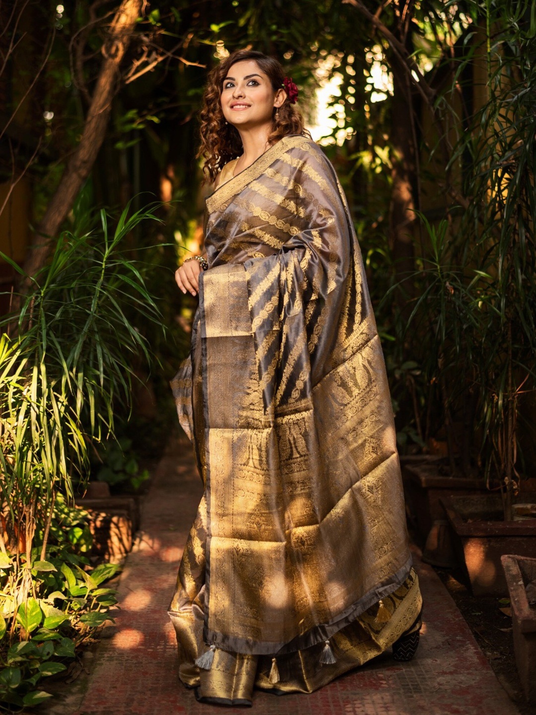 

Apaapi Threads of glory Ethnic Motifs Woven Design Zari Organza Saree, Grey