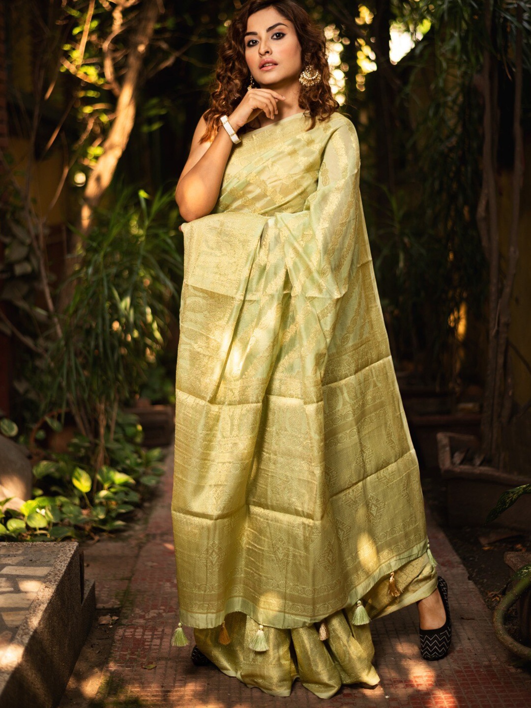 

Apaapi Threads of glory Ethnic Motifs Woven Design Zari Organza Saree, Green
