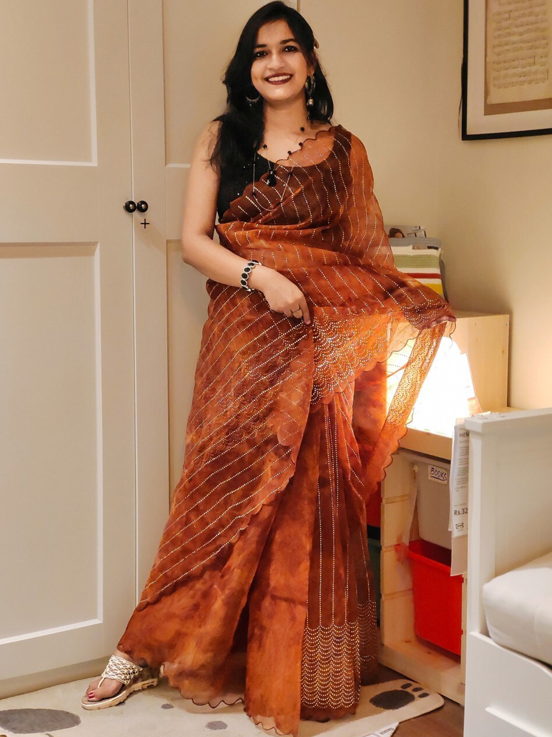

Apaapi Embellished Sequinned Organza Saree, Brown