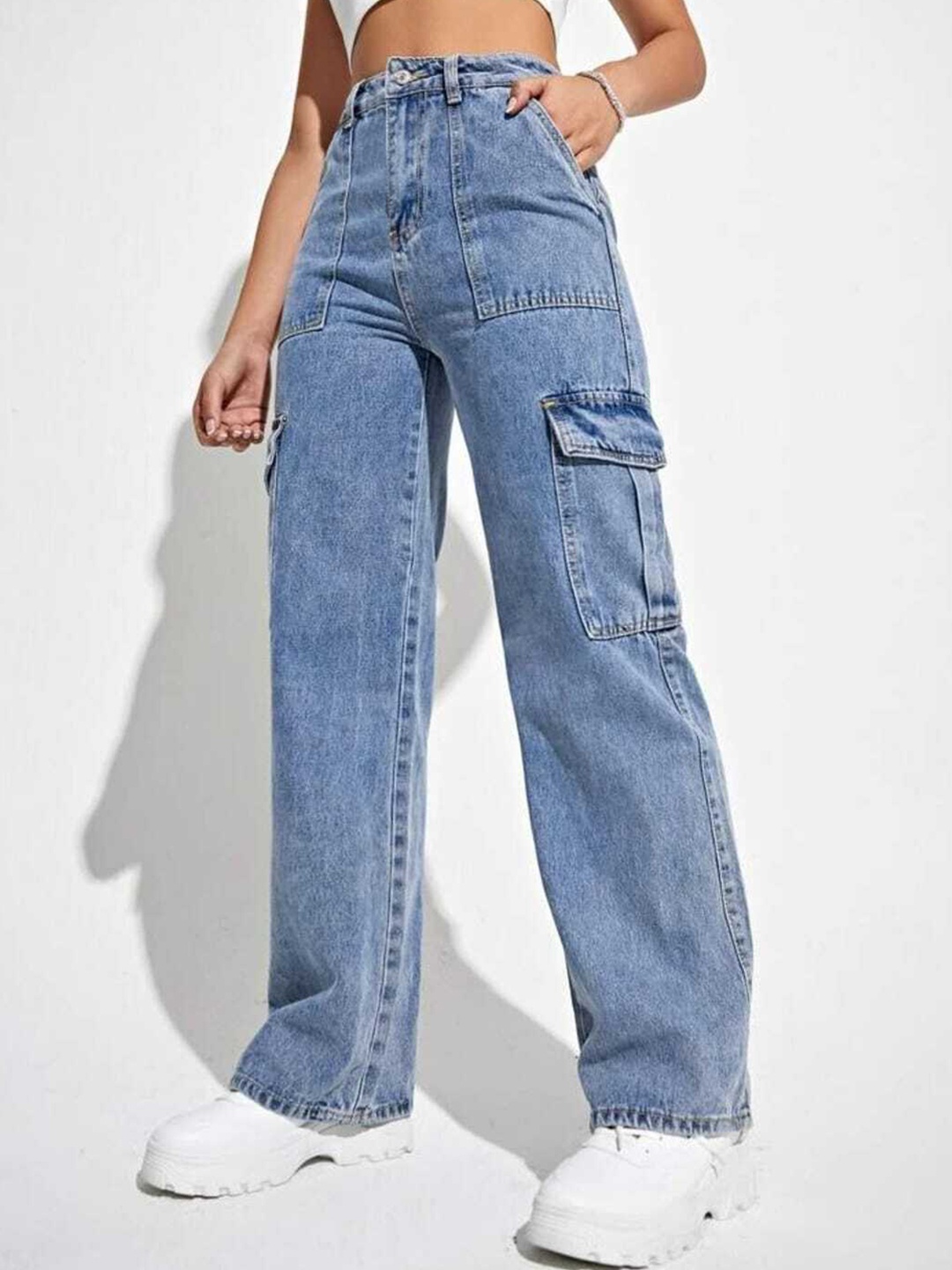 

BROADSTAR Women Smart Wide Leg High-Rise Heavy Fade Stretchable Cotton Jeans, Blue