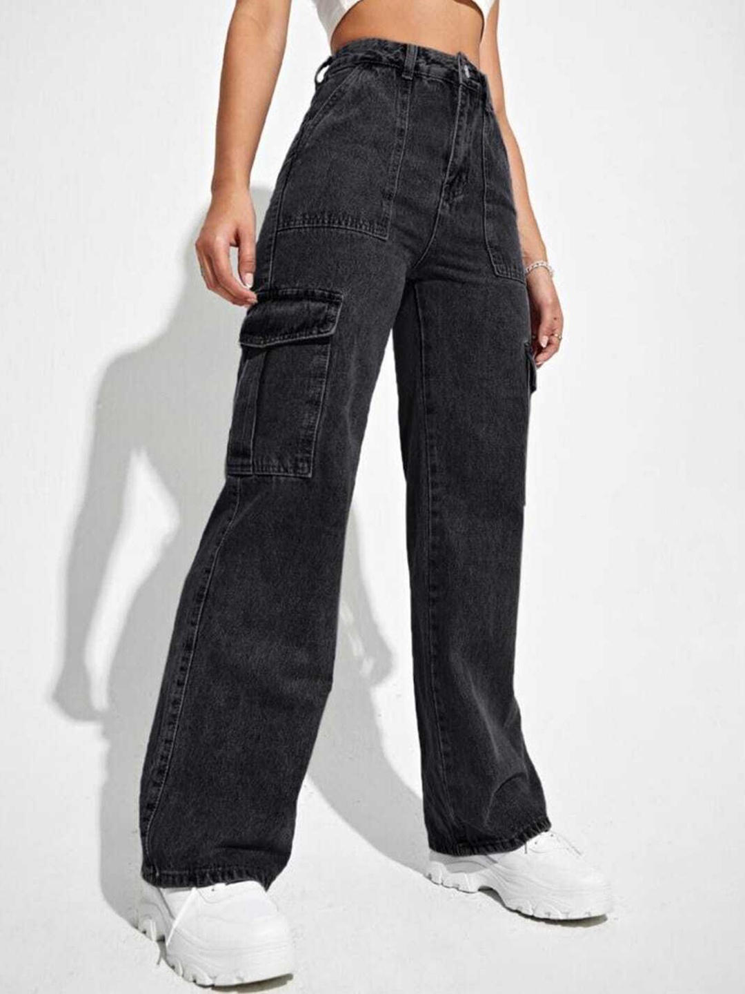 

BROADSTAR Women Smart Wide Leg High-Rise Stretchable Cotton Jeans, Black