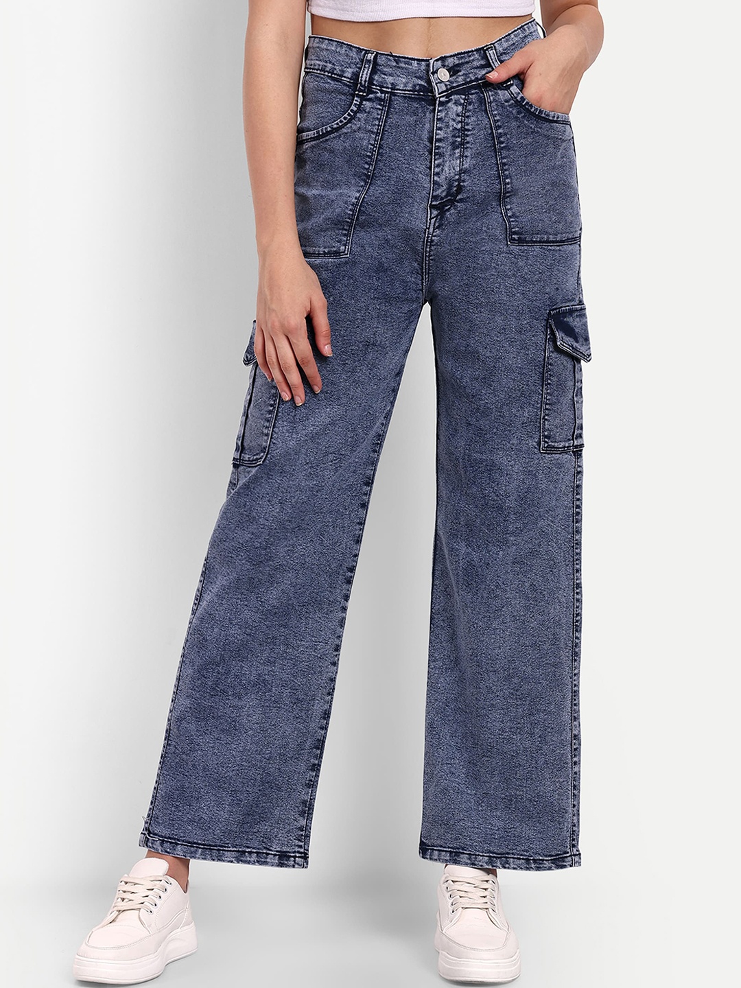 

BROADSTAR Women Smart Wide Leg High-Rise Heavy Fade Stretchable Cotton Jeans, Navy blue