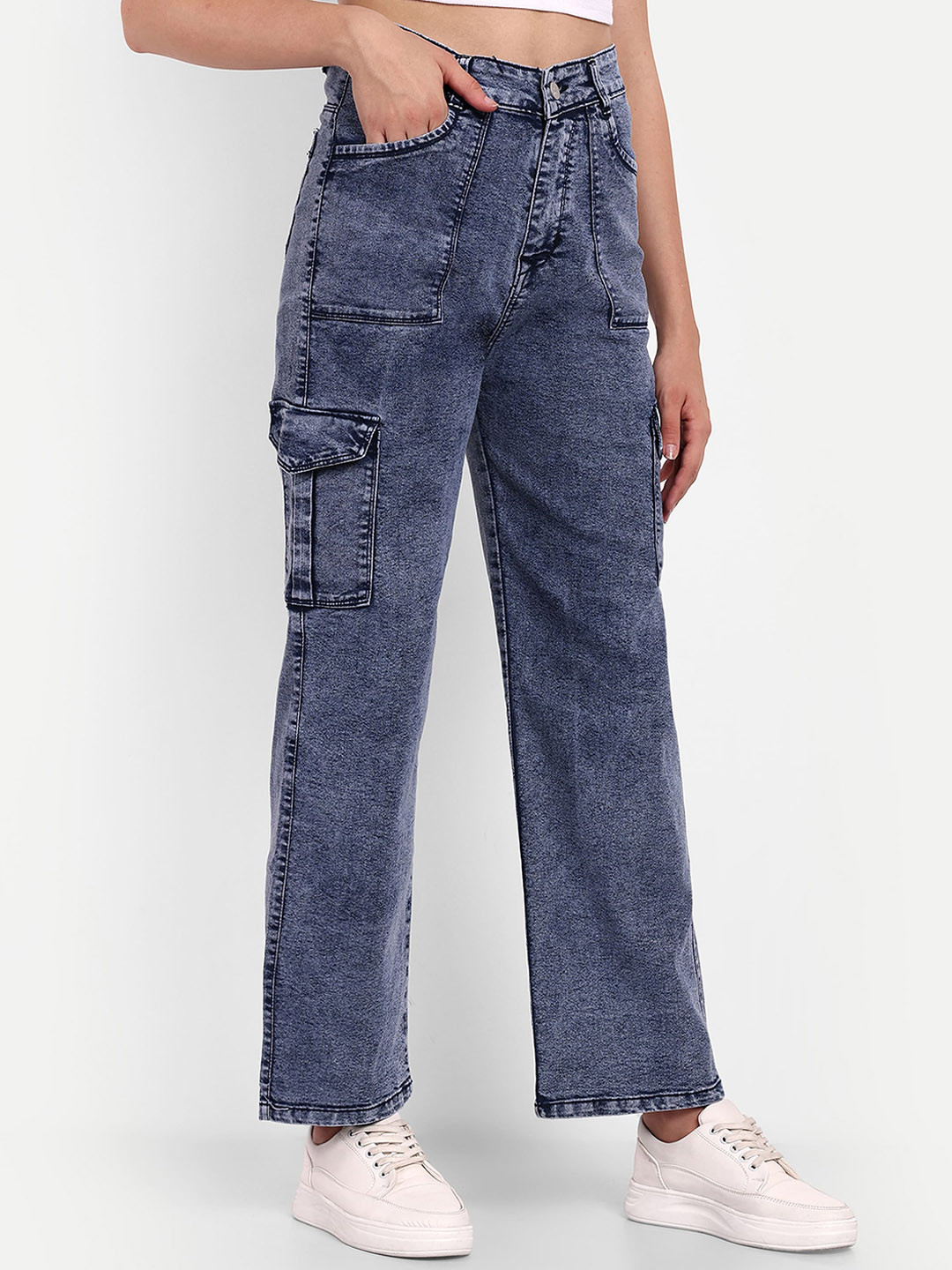 

BROADSTAR Women Smart Wide Leg High-Rise Stretchable Cotton Jeans, Navy blue