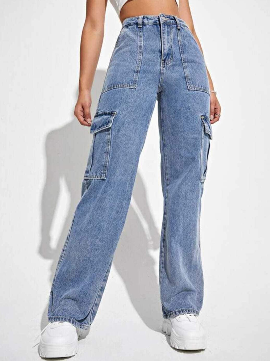 

BROADSTAR Women Smart Wide Leg High-Rise Light Fade Stretchable Cotton Jeans, Blue