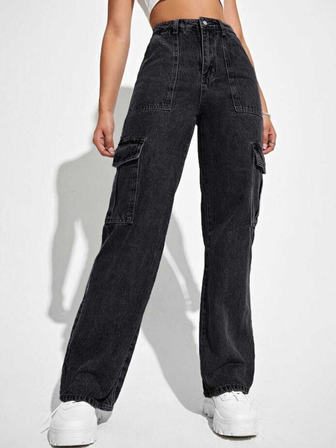 

BROADSTAR Women Smart Wide Leg High-Rise Stretchable Cotton Jeans, Black