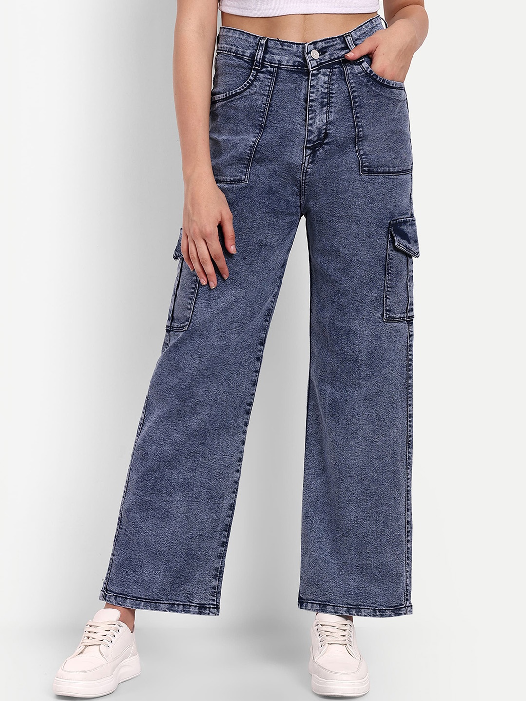 

Next One Smart Wide Leg High-Rise Clean Look Heavy Fade Cotton Stretchable Jeans, Navy blue