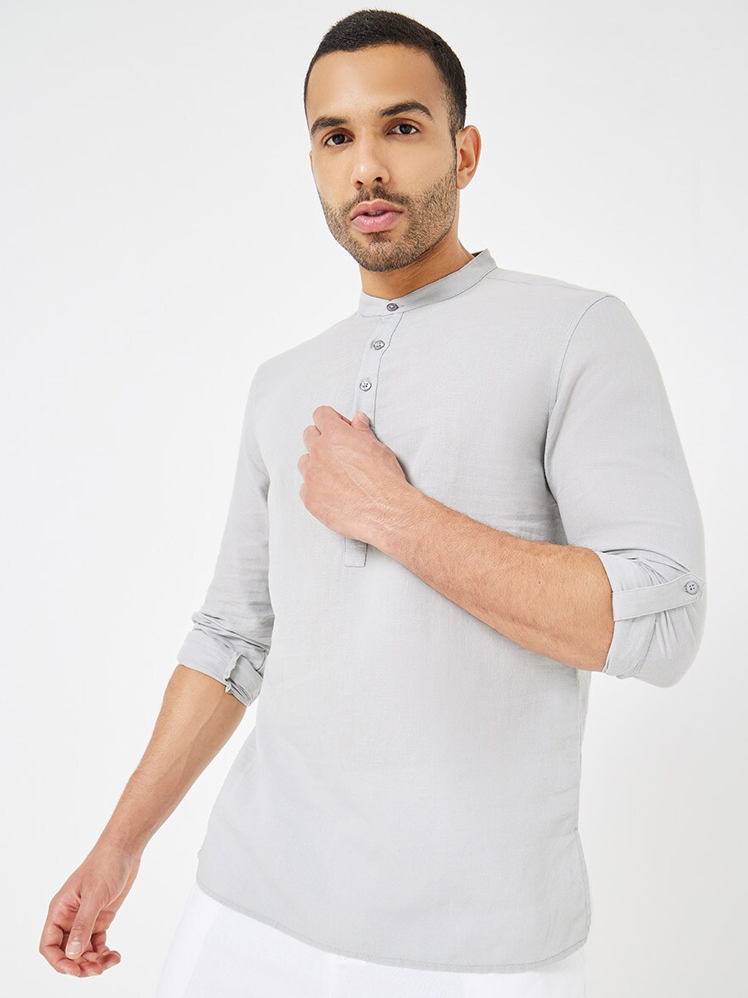 

Styli Cotton Linen Half Placket Regular Shirt, Grey