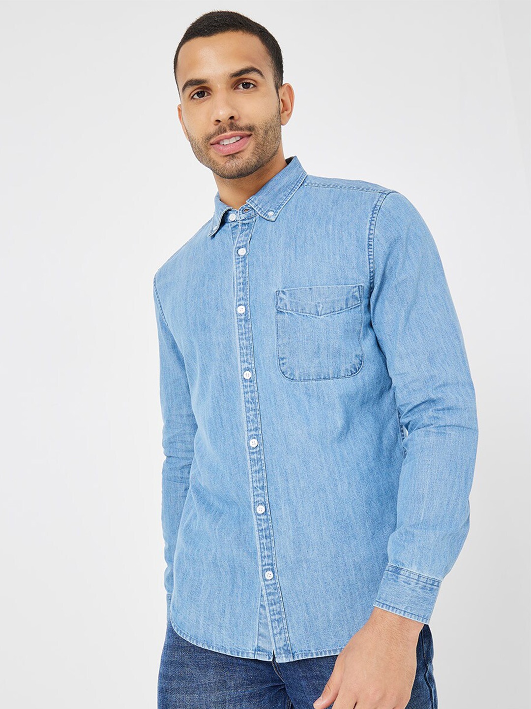 

Styli Men Button-Down Collar Slim Fit Denim Shirt, Blue