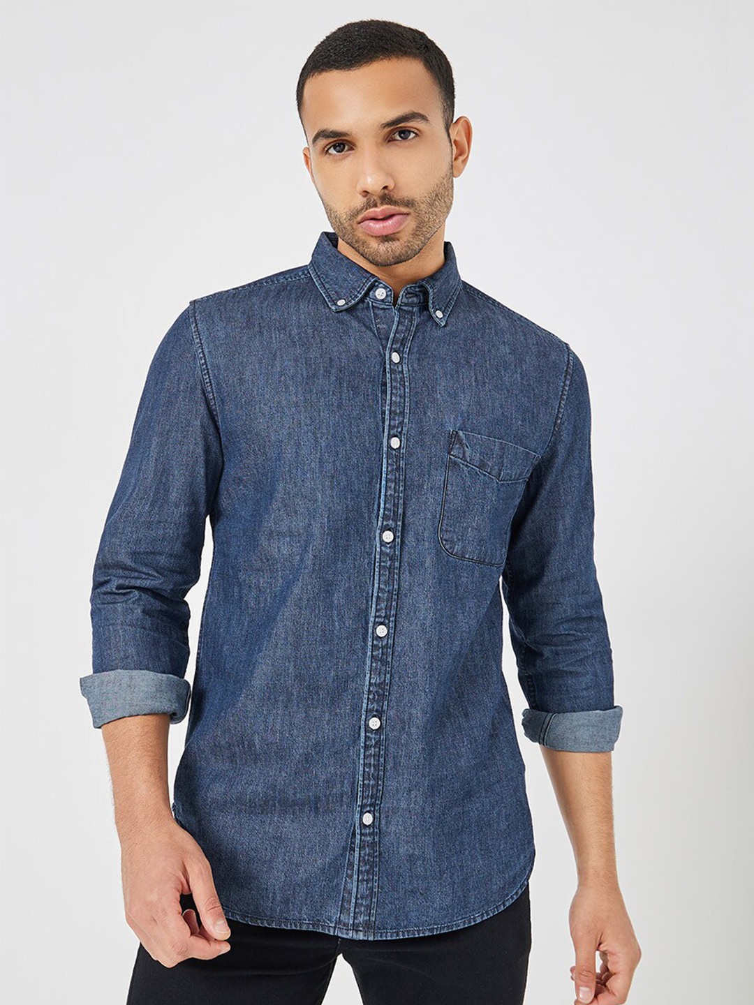 

Styli Pure Cotton Button-Down Collar Slim Fit Denim Casual Shirt, Blue