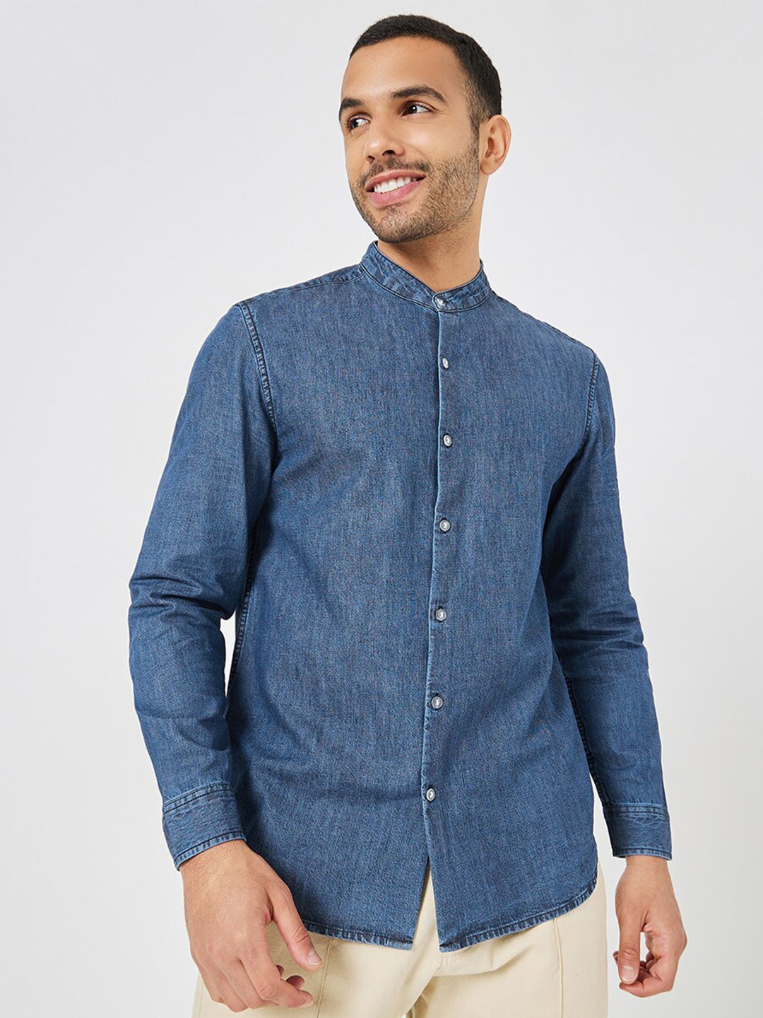 

Styli Mandarin Collar Long Sleeves Denim Casual Shirt, Blue