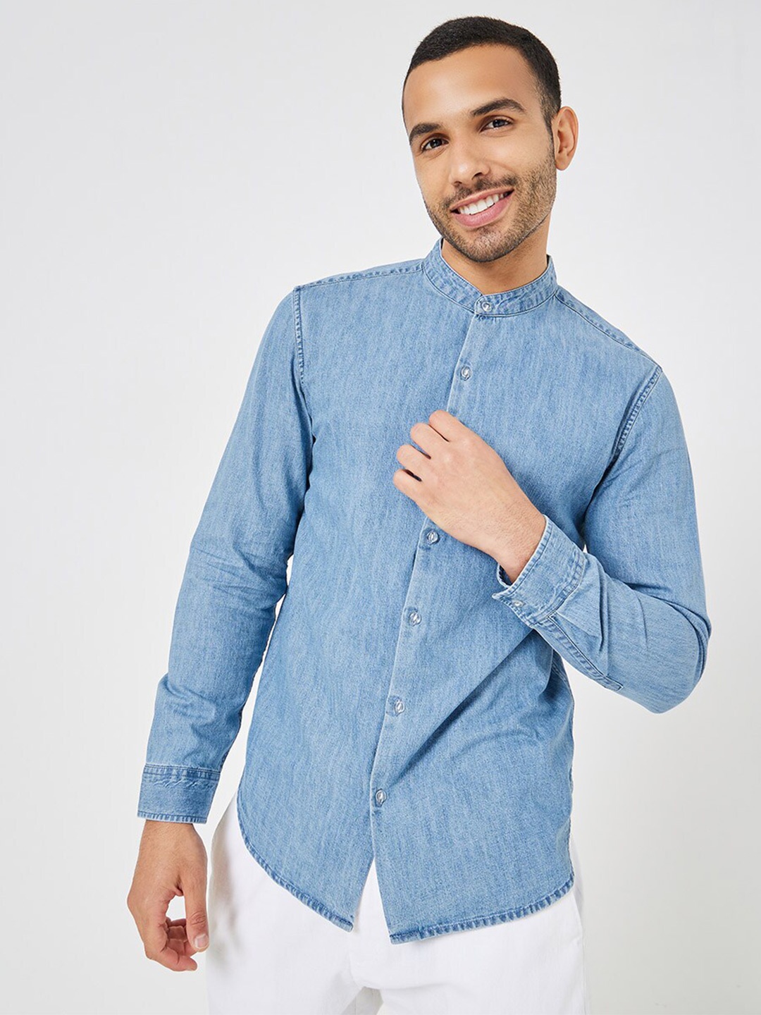 

Styli Mandarin Collar Long Sleeves Denim Casual Shirt, Blue