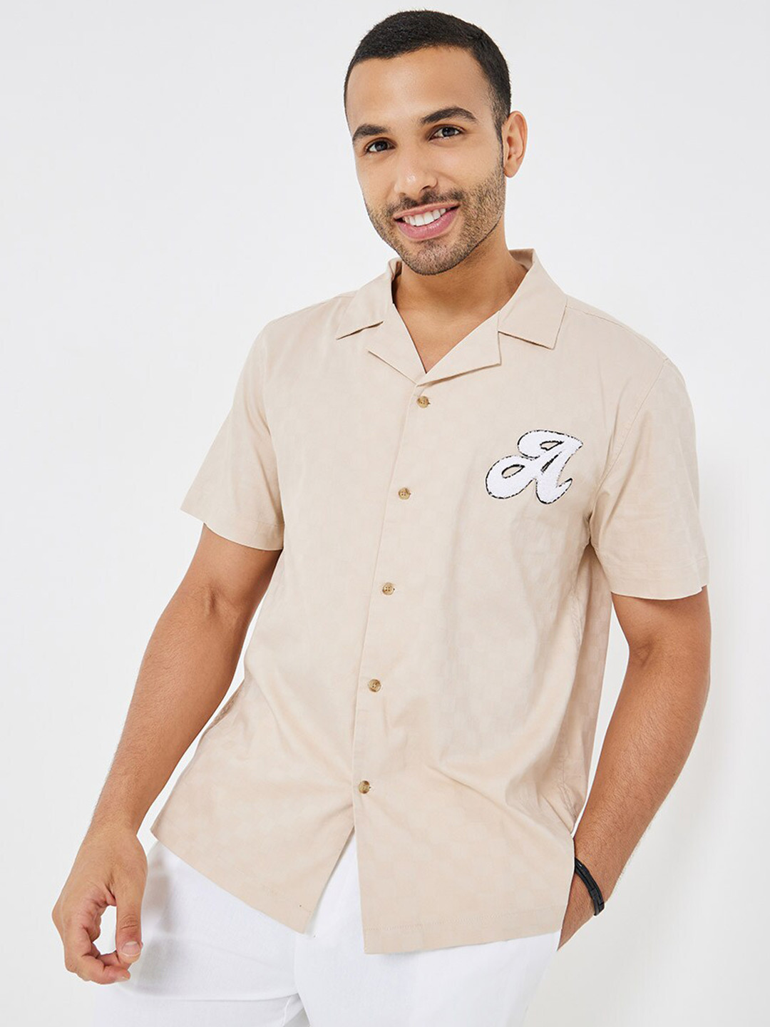 

Styli Jacquard Relaxed Fit Shirt with Applique Detail, Beige