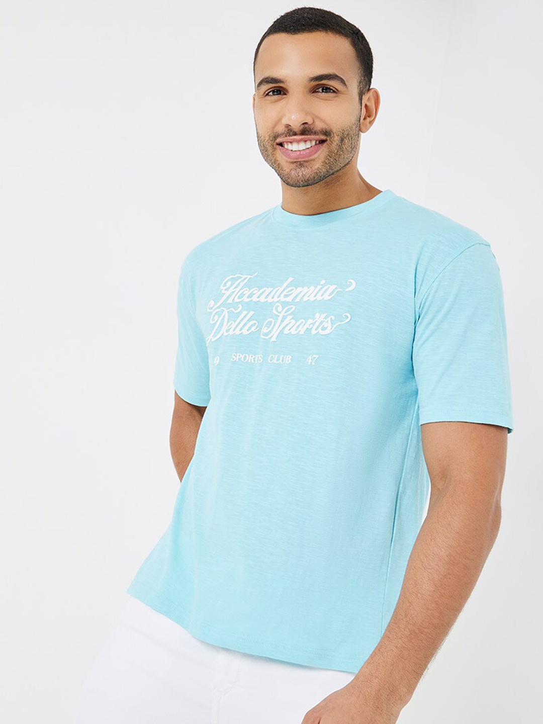 

Styli Blue Typography Printed Pure Cotton Oversized T-shirt