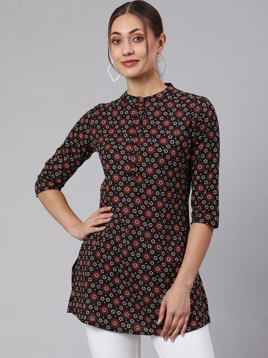 

Nayo Black Mandarin Collar Ethnic Motifs Printed Cotton Tunic