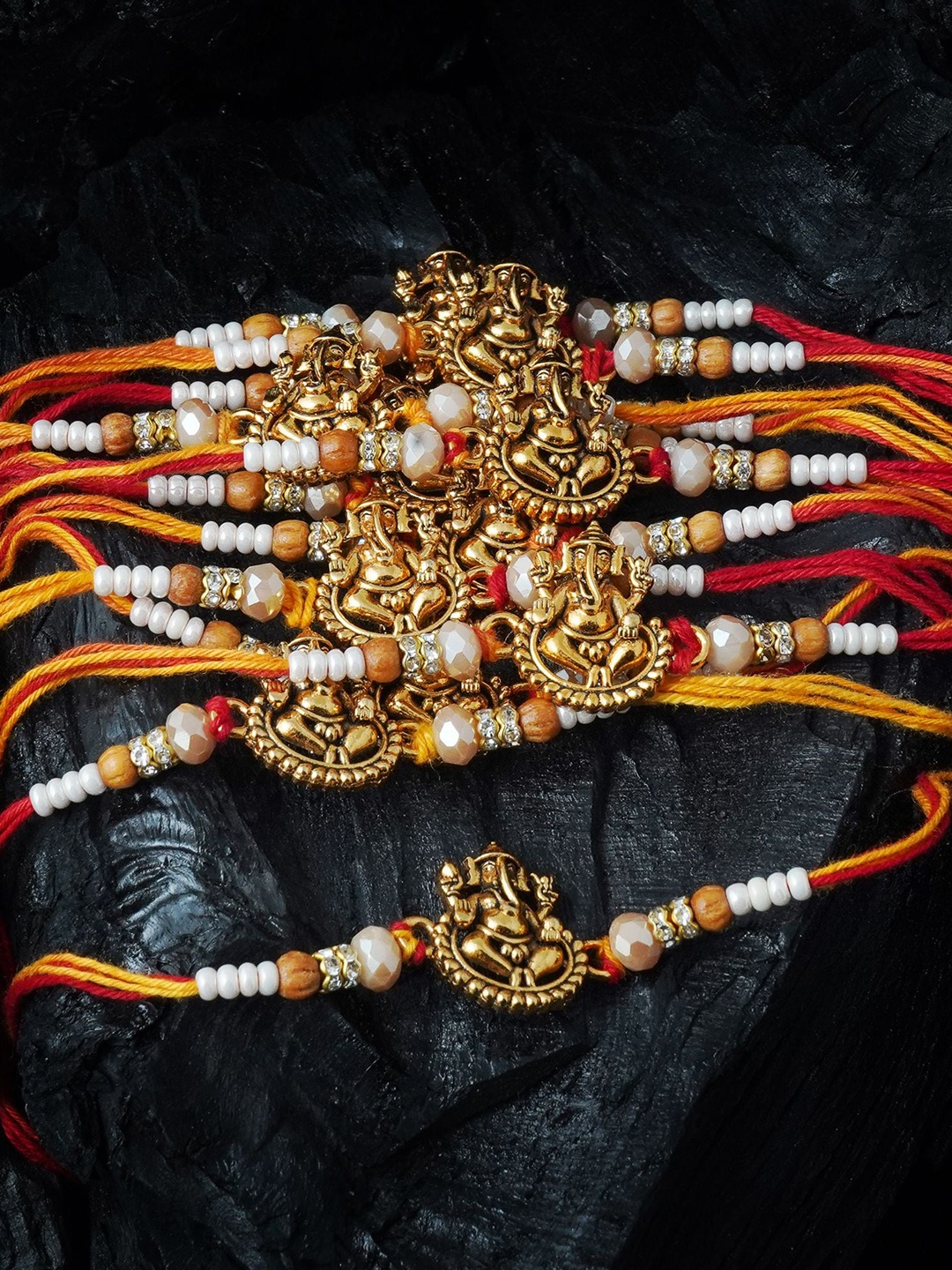 

MANSIYAORANGE Men Set Of 12 Stone & Ganesh Charm Cotton Rakhis, Red