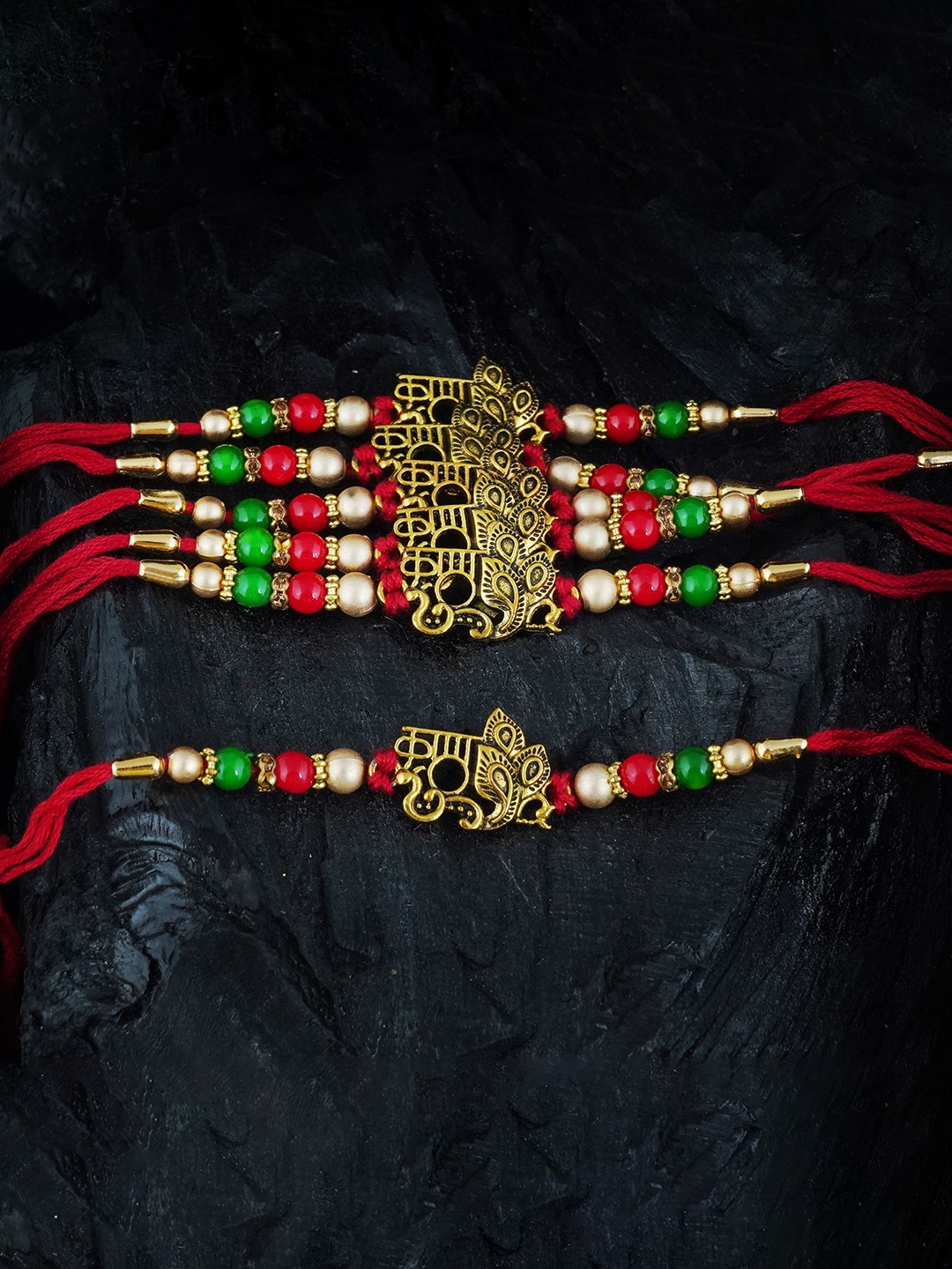 

MANSIYAORANGE Men Set Of 6 Pearl & Peacock Charm Cotton Rakhis, Red