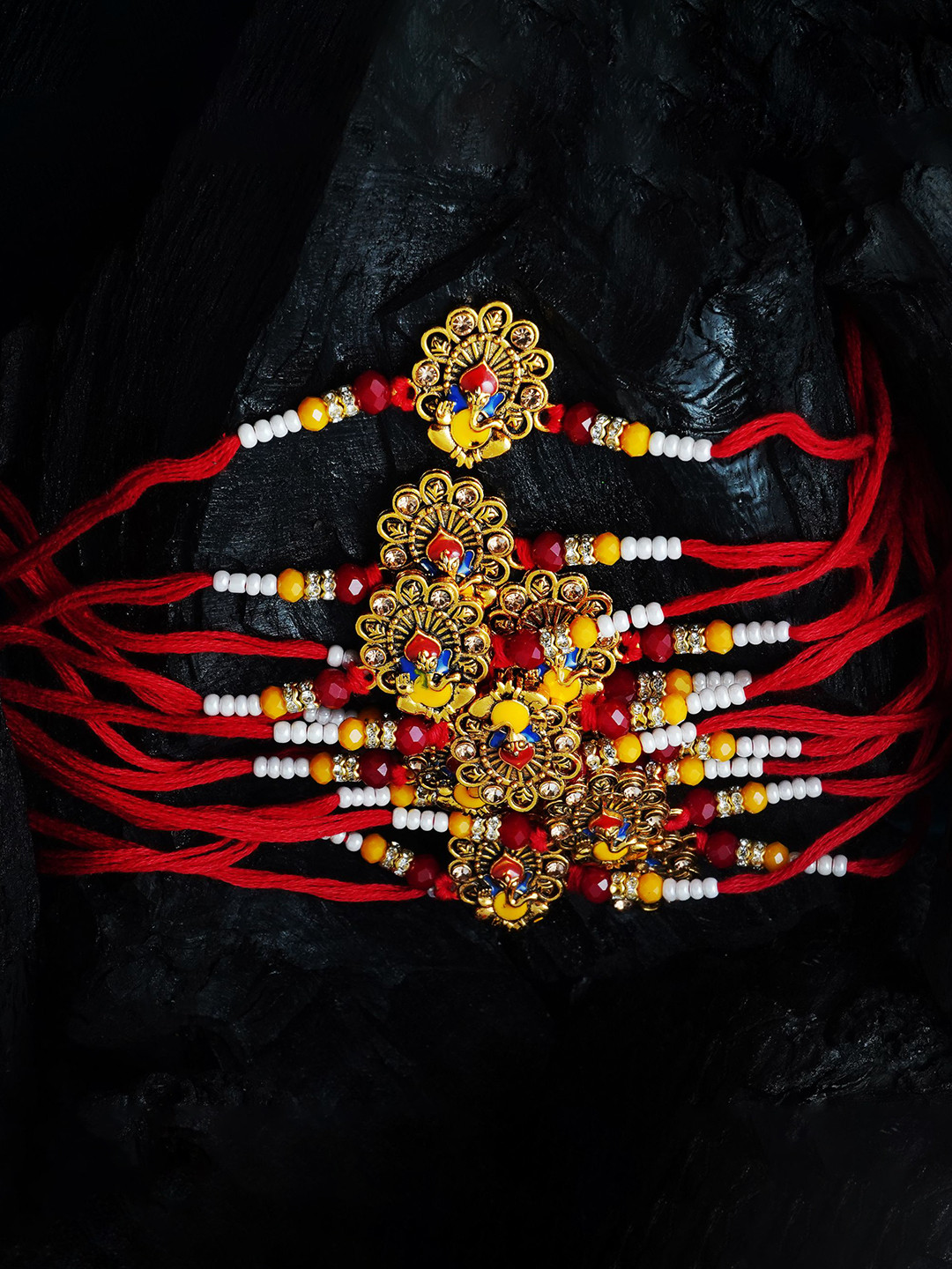 

MANSIYAORANGE Men Set Of 6 Pearl & Lord Ganesha Cotton Charm Rakhis, Red